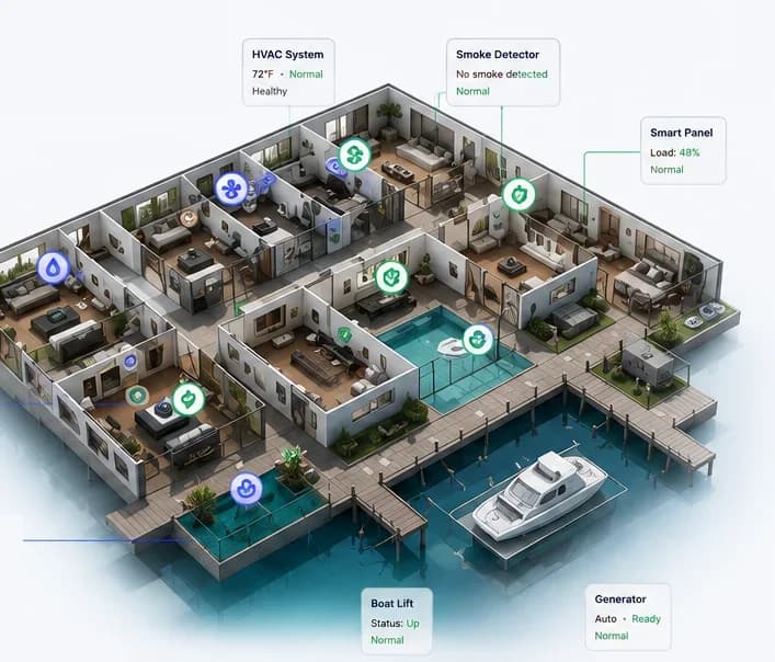 Concept isometric model of a waterfront property with sensor and system markers: HVAC, smoke detector, smart panel, boat lift and generator