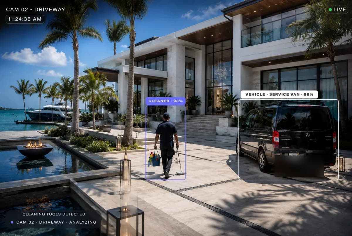 Concept camera frame of an exterior driveway zone with detection overlays: a cleaner and a service van, each with a confidence label